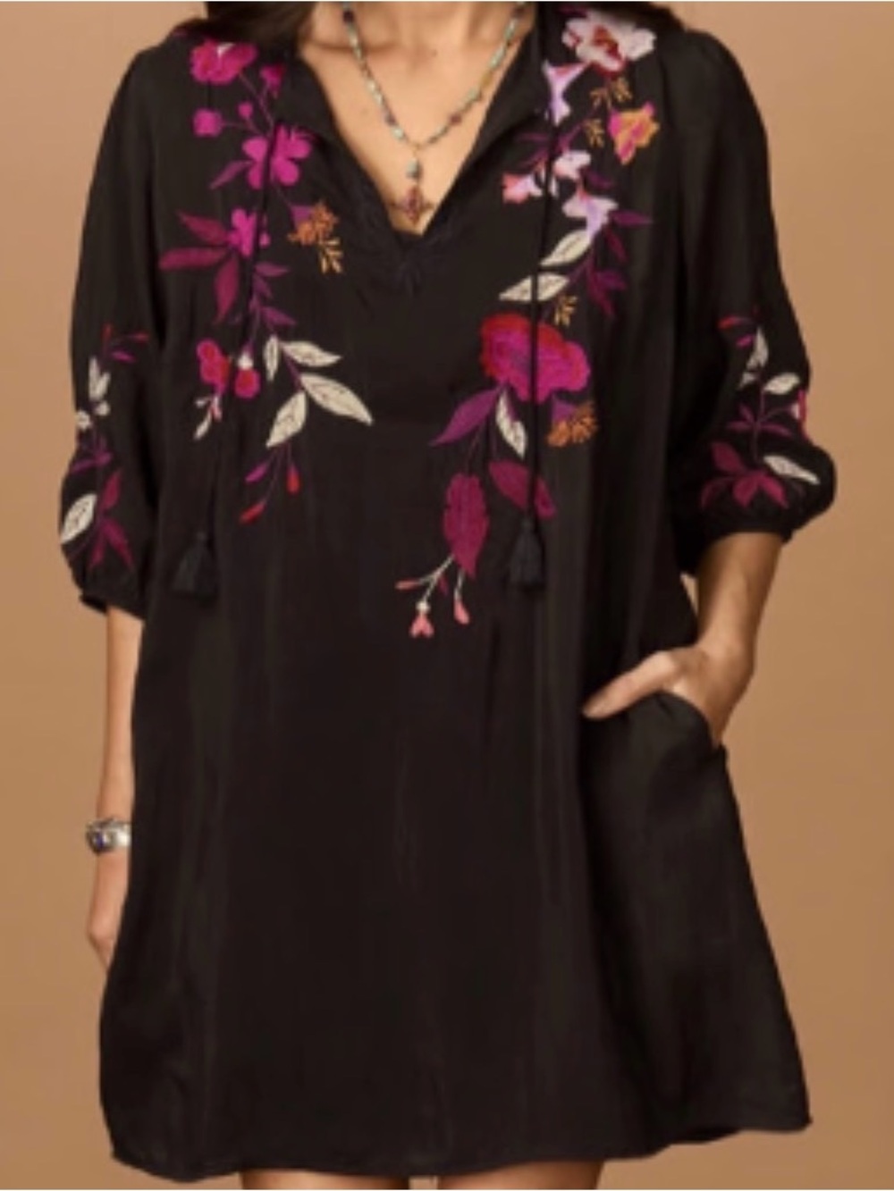 JOHNNY WAS Mirabel Floral Embroidered Shift Dress Black Multicolor Women's S